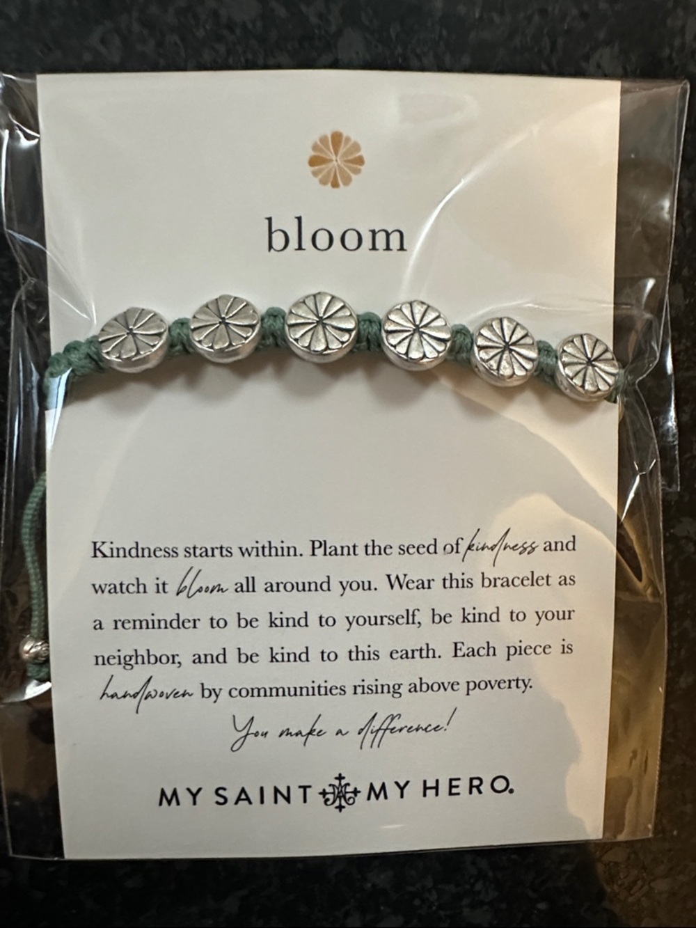 My Saint My Hero Bloom Silver Daisy Bead Bracelet - Sage Cord - New